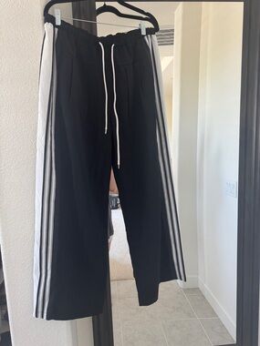Black Wide-Leg Track Pants with Side Stripe